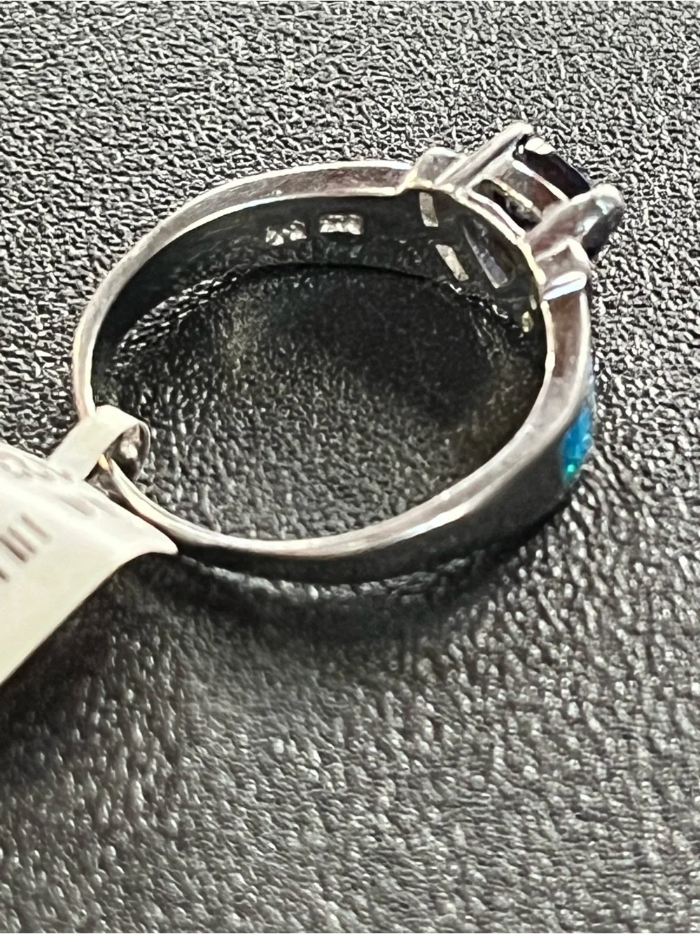 Sterling silver ring with blue center stone and opal inlay. Cz accents. Sz 8 New